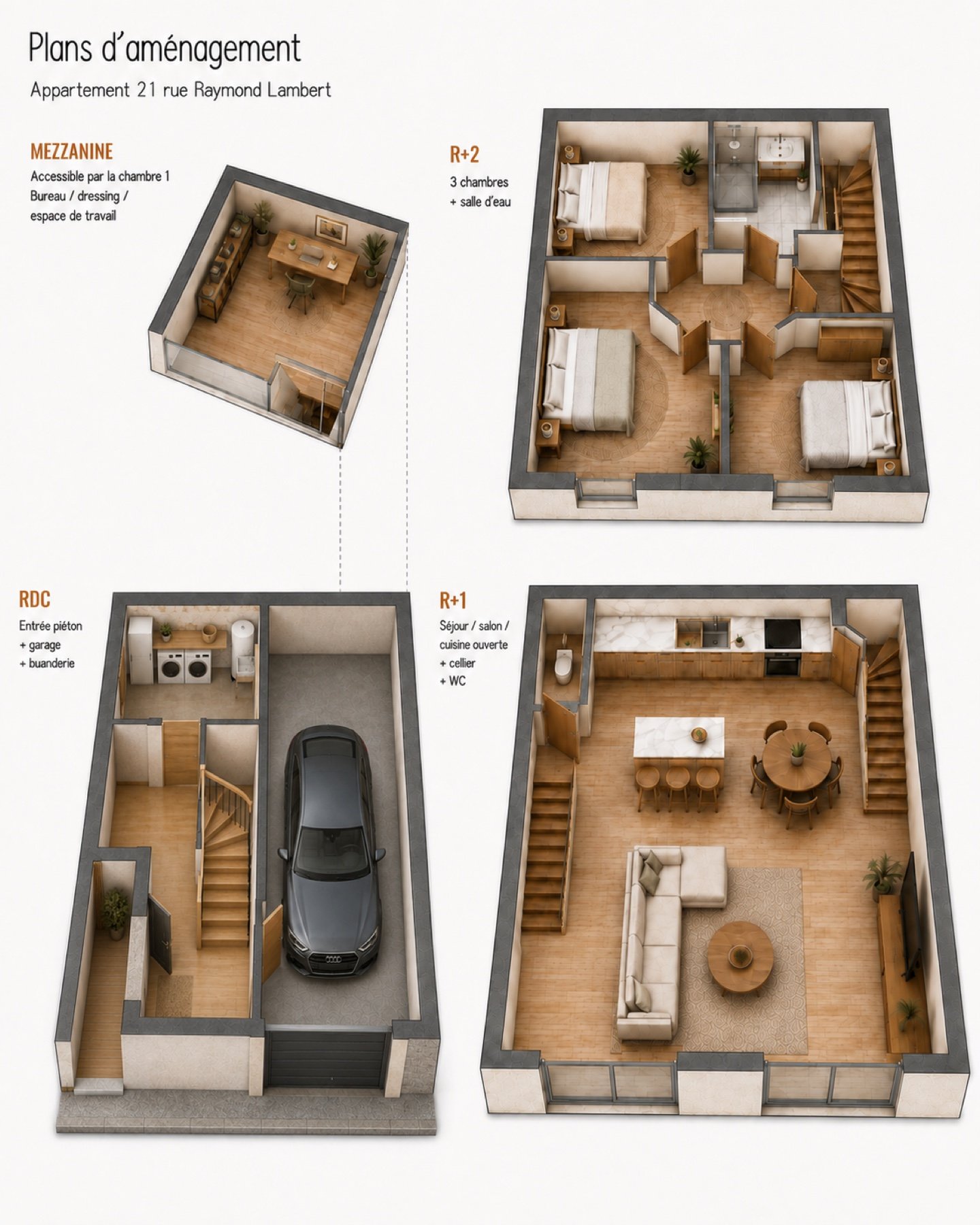 Axonométrie 3D de la maison de 100 m² : RDC, R+1, R+2 et mezzanine