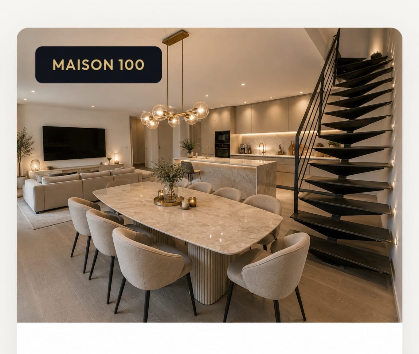 Projection d'aménagement de la maison de 100 m² : cuisine ouverte, salon et coin télévision