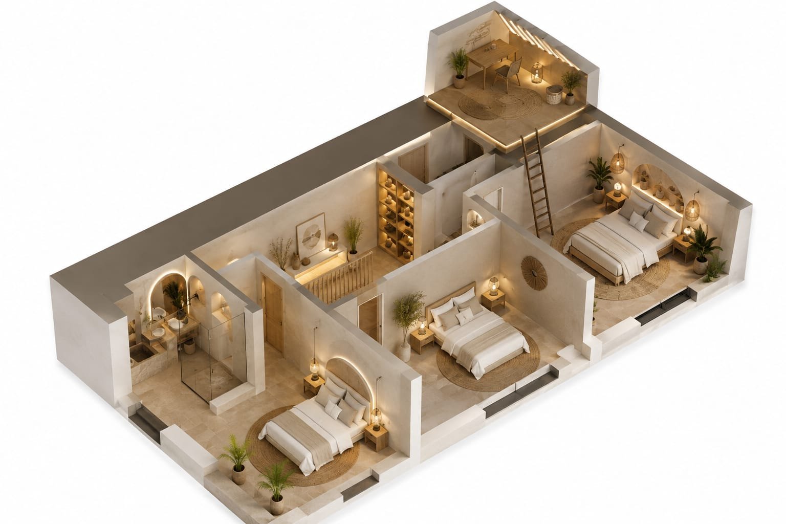 Axonometric view of the upper floor: 3 bedrooms, shower room and mezzanine