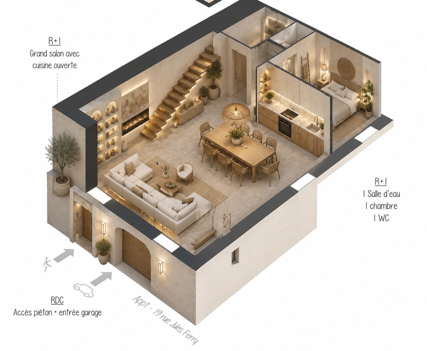 Axonometric view of the living level: open-plan living room, bedroom and shower room